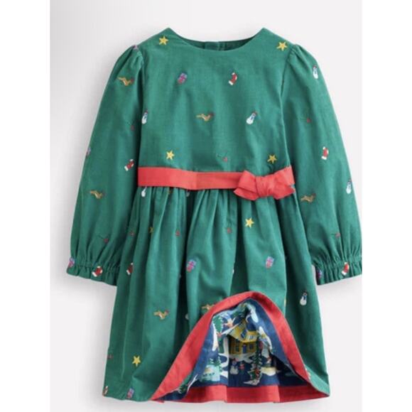 Mini Boden Peggy Cord Party Dressy Green Christmas Embroidery Lined Sz 4-5 NWT